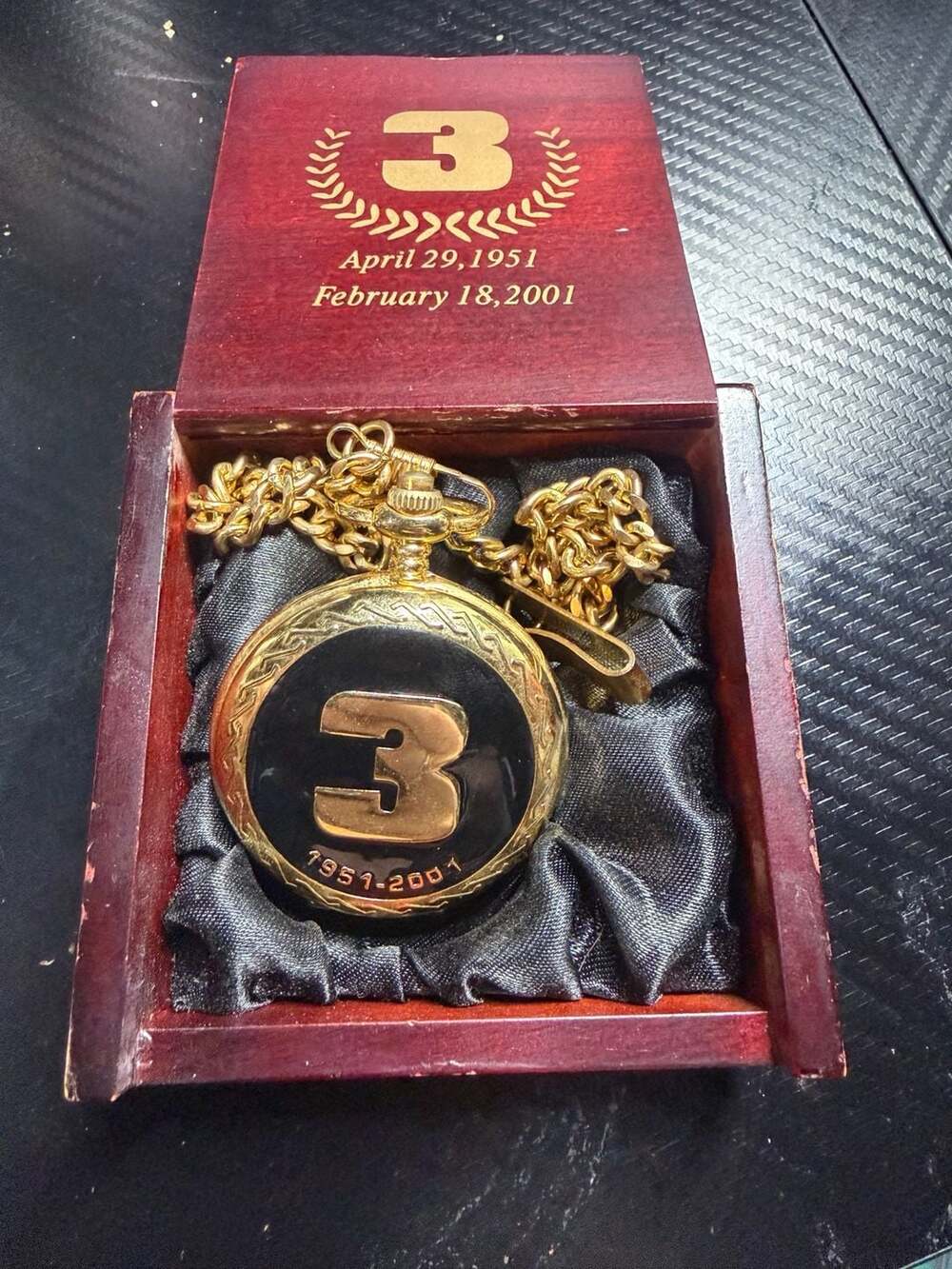 Dale Earnhardt #3 Commemorative Pocket Watch 1951-2001 with Wooden Display Case